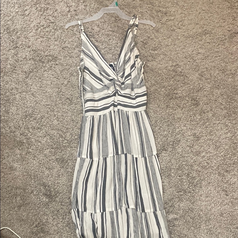 Angie White and Gray Ruffled Maxi Sundress with Spaghetti Straps